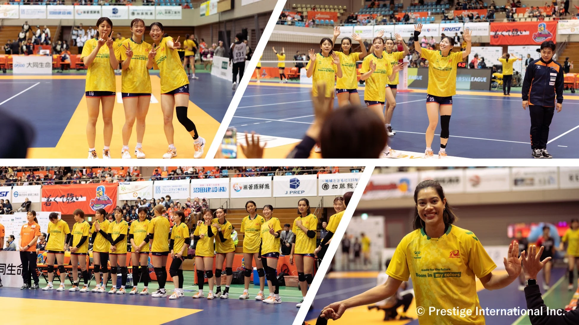 黄色のユニフォームの女子バレーチーム