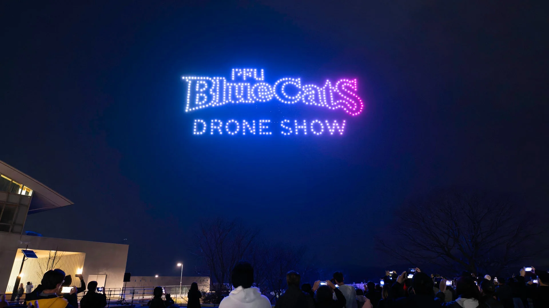 夜空に「PPU BlueCats DRONE SHOW」の文字がドローンによって描かれている様子
