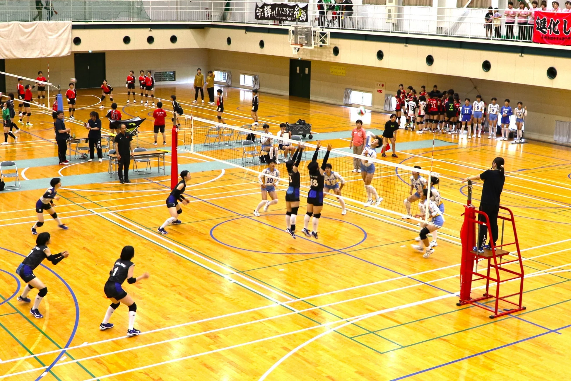 体育館で女子バレーボールの試合が進行中の様子