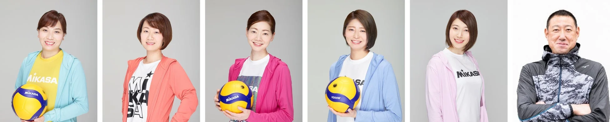 ミカサのバレーボールを持った5人の女性と1人の男性が、スポーツウェアを着用し笑顔で並んでいます。MIKASAブランドのプロモーション写真と見られます。