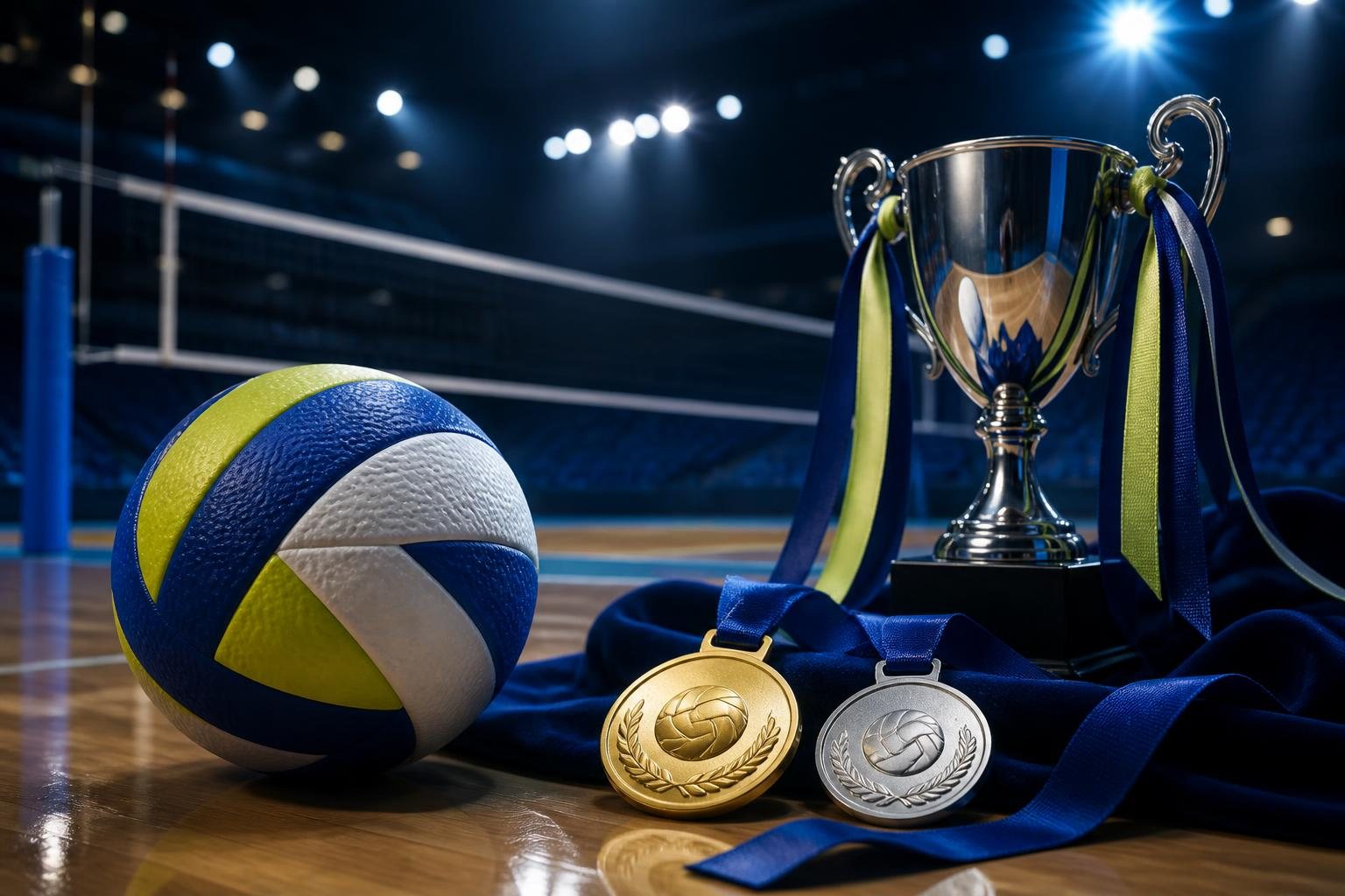 第56回全日本中学校バレーボール選手権大会 最終結果を表現したバレーボールと表彰イメージ