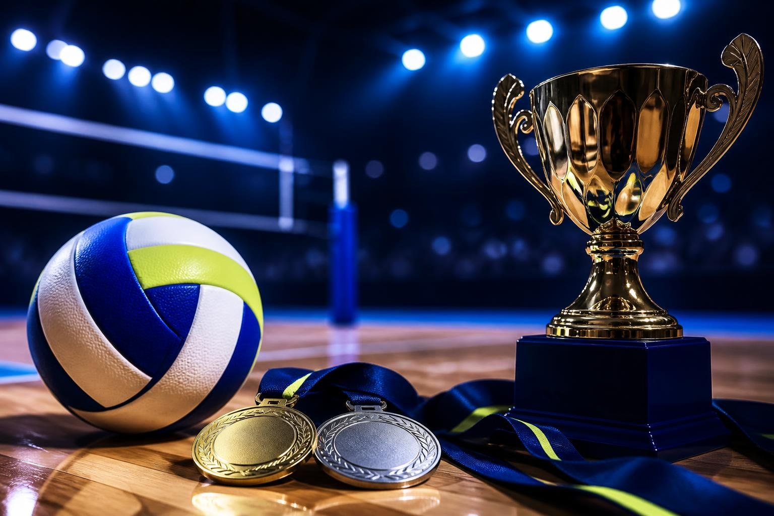 第56回全日本中学校バレーボール選手権大会 最終結果を表現したバレーボールと表彰イメージ